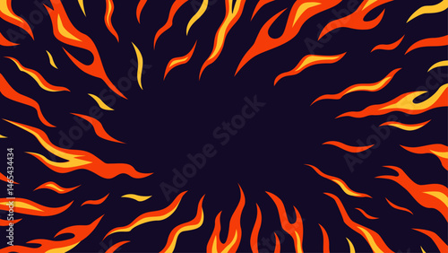 Flame effect background. Comic book fantastic hot red fire flames, burst round fire frame. Vector game burning texture in anime style for banner, poster and video overlay