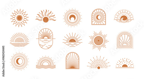 Bohemian sun. Abstract boho suns and arc windows, sunburst. Bohemian minimalist line sunrise and sunset in water of sea waves. Vector mystic outline icons and logo