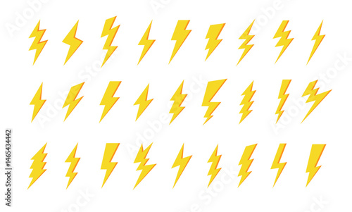 Yellow lightning bolt icons. Electric strike and blitz speed logo, thunderbolt flash storm, volt power symbols. Vector isolated set