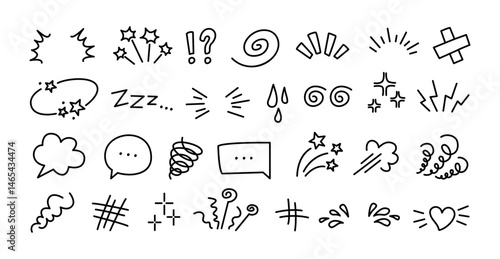 Expression sign. Comic doodle elements, cartoon speech bubble, manga expression symbols, question and exclamation mark, star sparkle, swirl and explosion. Vector anime set