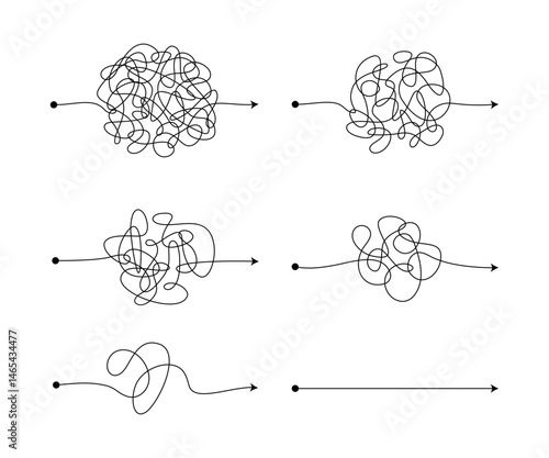 Messy lines. Complicated scribble path, messy tangle, doodle knot as thought from complex to easy solution. Confused brain problems. Labyrinth and chaos vector concepts