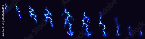 Cartoon lightning animation. Thunder bolt animated frame, blue electric strike game effect, comic thunderbolt hit. Lightnings shining flash vector set isolated on dark