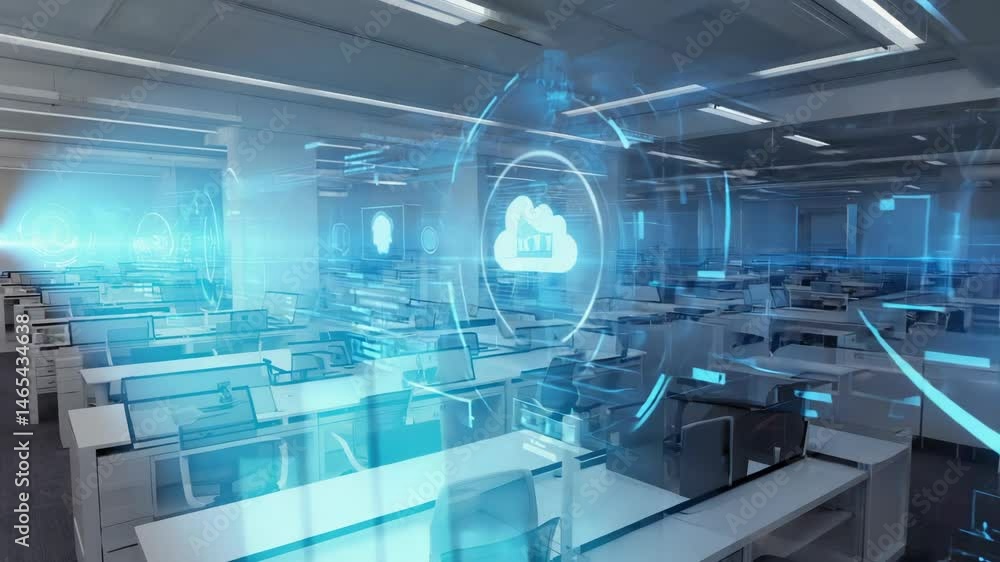 Modern office space with futuristic holographic cloud computing overlay