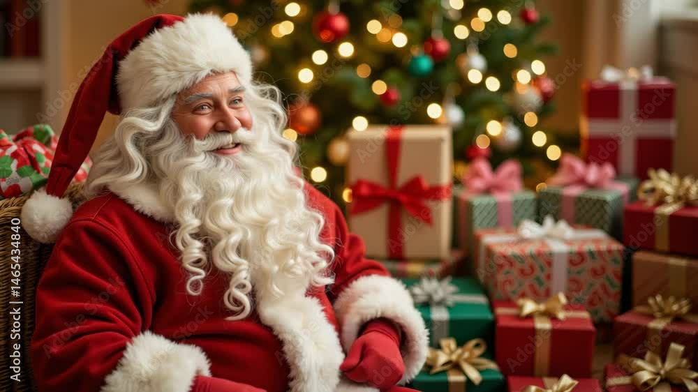 Santa Claus smiling surrounded by Christmas gifts and a tree Santa Claus smiling surrounded by Christmas gifts and a tree