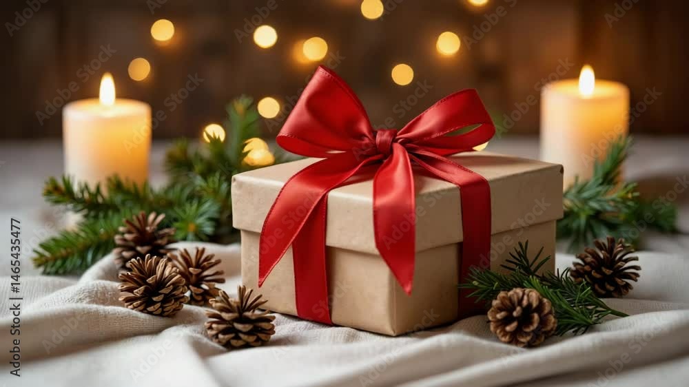 Gift box with red bow surrounded by candles and pinecones Gift box with red bow surrounded by candles and pinecones