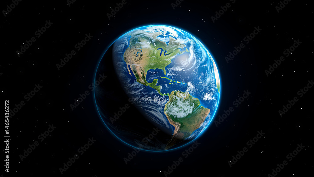 Obraz premium The view highlights Earth's captivating blue oceans and green landmasses, with clouds swirling over continents. Space offers a unique perspective of our planet's natural beauty and diversity