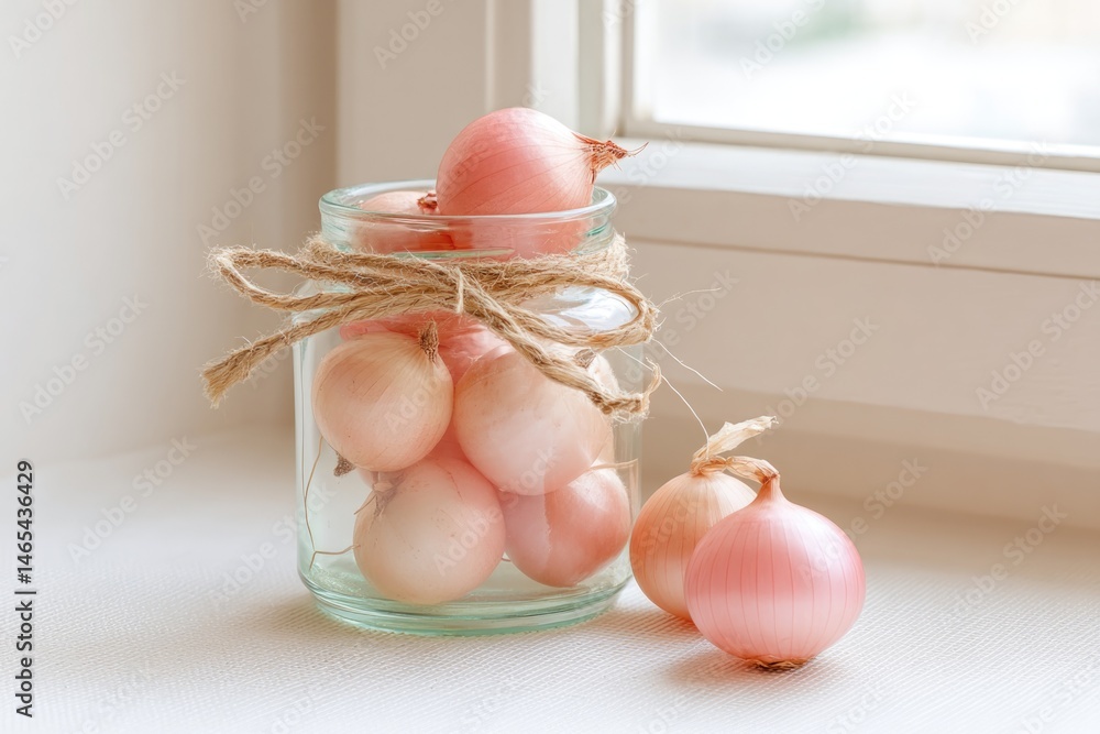 Jar of Pink Pickled Onions Sits on a Sunny Windowsill With Scattered Onions Adding Charm and Color to the Kitchen Decor While Inviting Culinary Creativity and Freshness to Meals