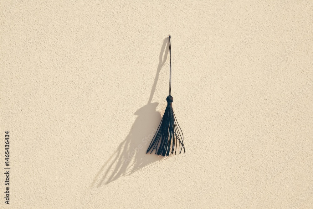 Isolated Black Tassel Casts a Long Shadow on Textured Wall Surface During Bright Light Conditions