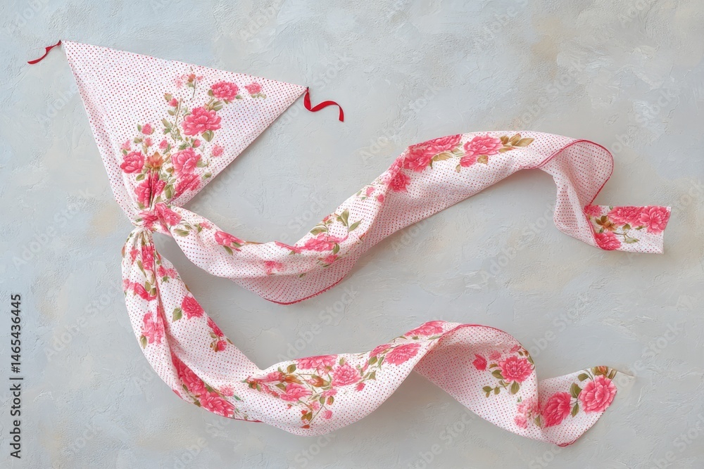 Beautiful Kite Made of Traditional Fabric With Floral Patterns Floating Against a Textured Background