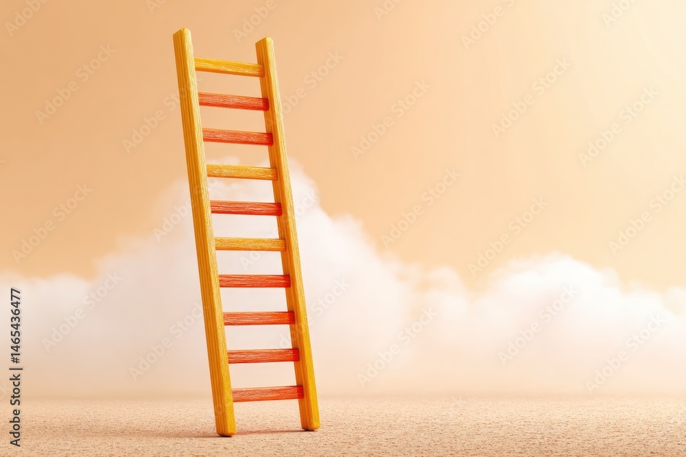 A Wooden Ladder Extends Upward Into Soft Smoke Fog Against a Warm Colored Background in a Serene, Dreamy Setting