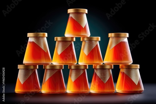 Colorful Jelly Cups Arranged in a Pyramid Formation With Shiny Foil Tops Against a Dark Background
