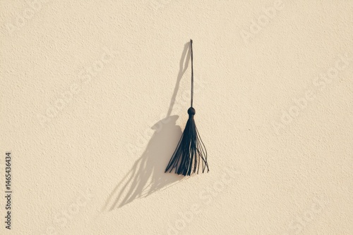 Obraz na płótnie Isolated Black Tassel Casts a Long Shadow on Textured Wall Surface During Bright Light Conditions w salonie