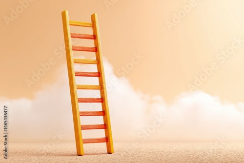 A Wooden Ladder Extends Upward Into Soft Smoke Fog Against a Warm Colored Background in a Serene, Dreamy Setting