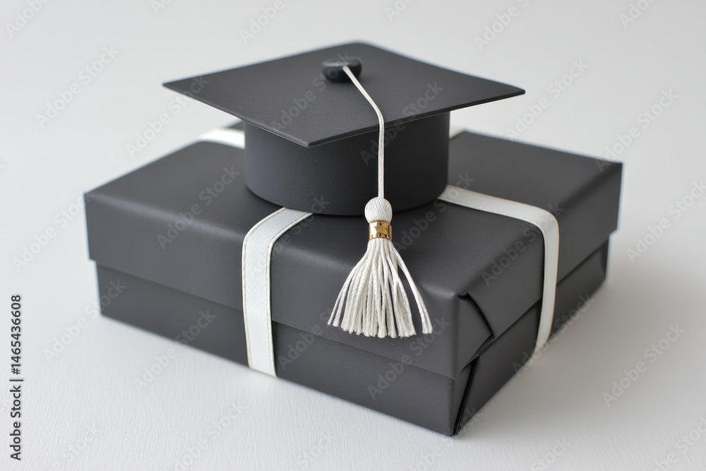 Graduation Gift Wrapped in Matte Black Paper With a Mortarboard on Top Showcasing a Tassel for Celebration