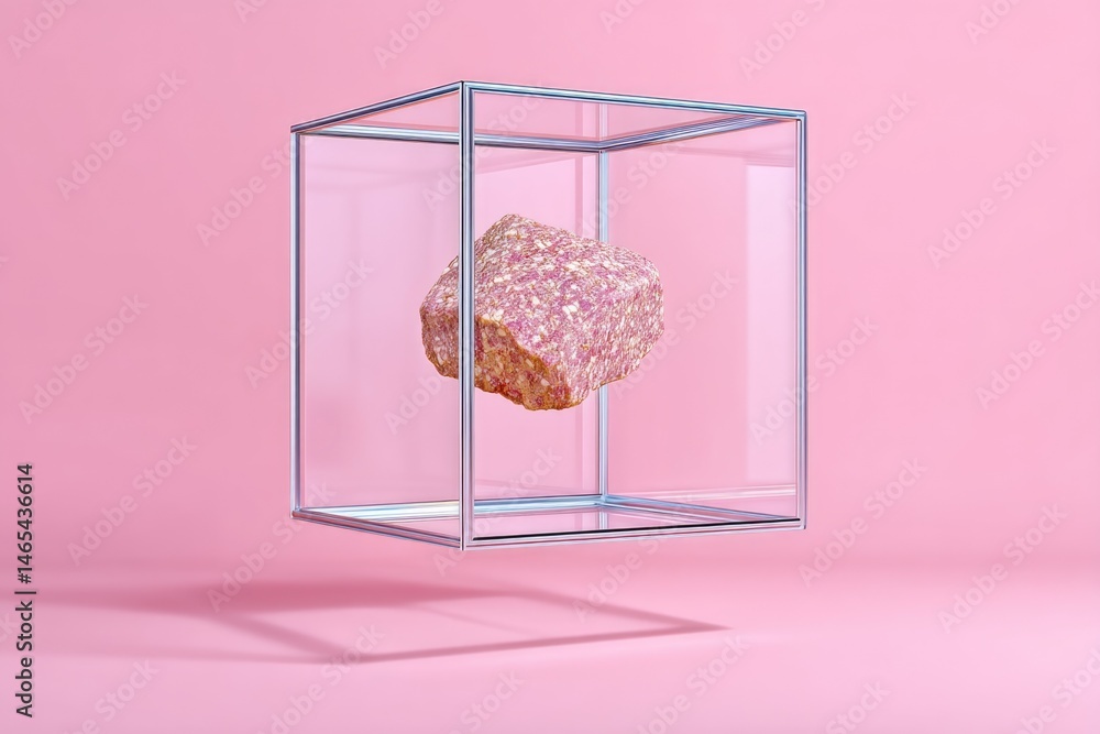 Meat Drop Hovers Elegantly in a Transparent Cube Against a Soft Pink Background, Showcasing Contemporary Design and Culinary Artistry