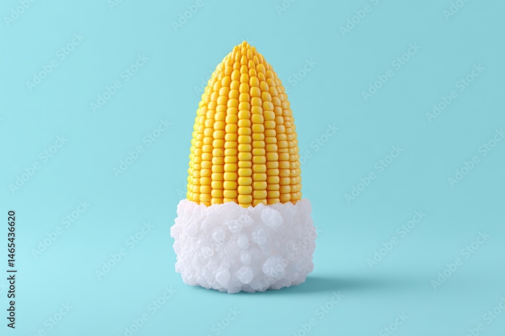 Melting Iceberg Uniquely Resembles Corn Kernel Creating a Whimsical Visual Contrast in a Serene Blue Environment