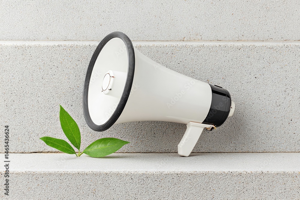 Megaphone Resting on Concrete Steps Alongside a Sprouting Green Leaf During a Quiet Moment of Reflection