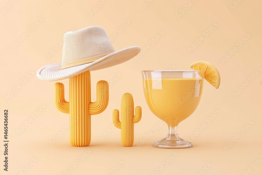 Bright and Cheerful Minimal Illustration of a Cactus With a Hat and a Refreshing Drink for Summer Vibes