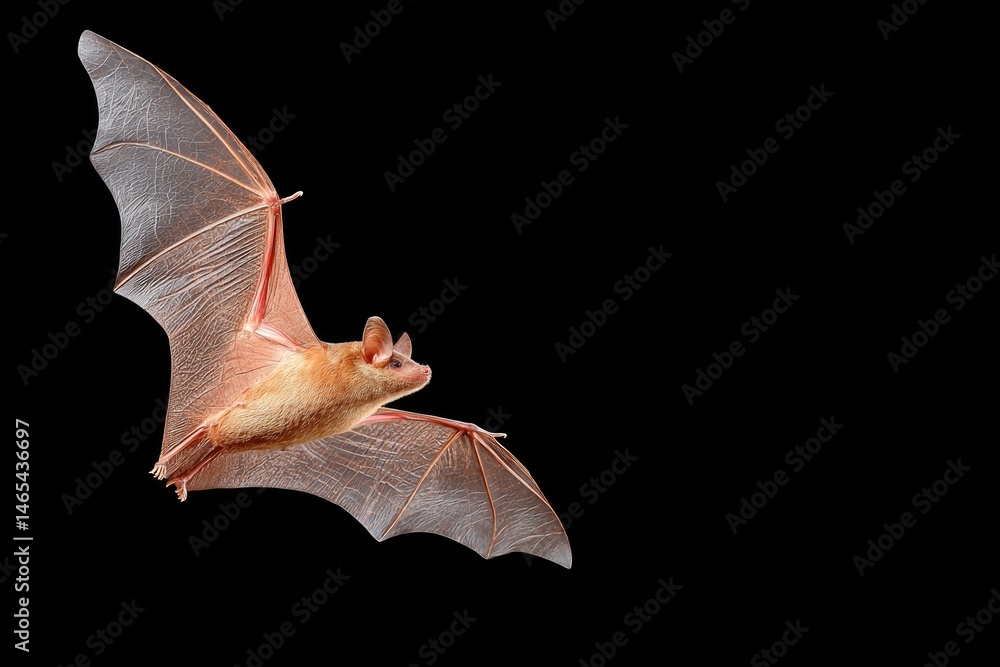 Minimalist Bat Wings Gracefully Hovering Against a Black Backdrop Showcasing Details of Nature's Nocturnal Beauty