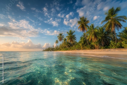 Fototapeta Naklejka Na Ścianę i Meble -  Tranquil island beach sunrise calm ocean palm trees sandy shore