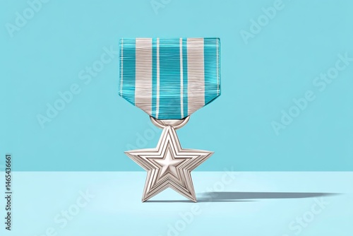 Obraz na płótnie Military Medal Casting a Long Shadow on a Light Blue Background, Symbolizing Honor and Sacrifice in Service w salonie