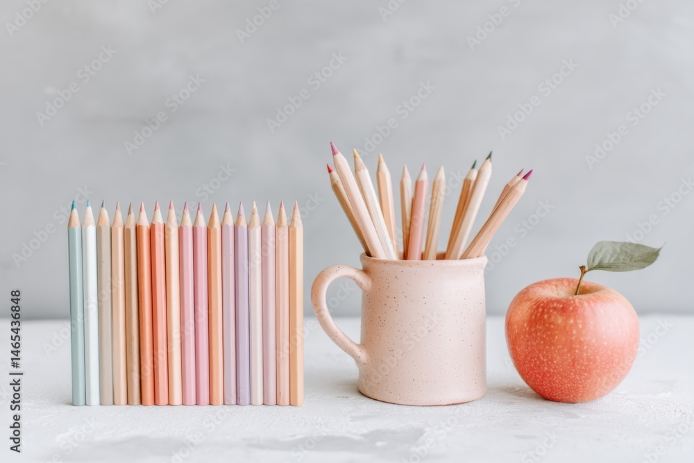 Pencils in Mug With Apple on Table Creating a Creative Workspace Atmosphere