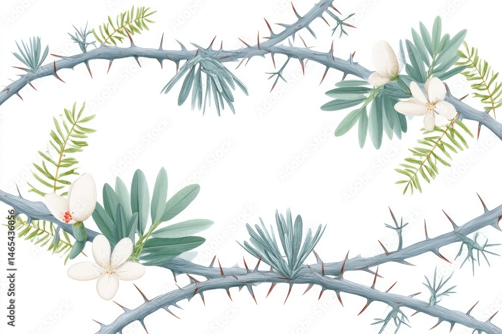 Mystic Bookplate Design Featuring Intricate Thorns, Delicate Flowers, and Lush Greenery, Showcasing Botanical Elements Intertwined in a Captivating Layout With Imaginative Artistic Flair