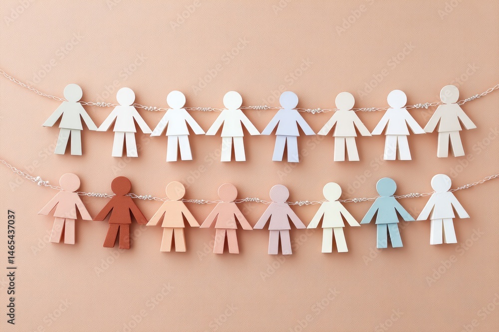 Colorful Paper Dolls Chain Displayed on a Neutral Background Creates a Vibrant and Playful Decoration for Various Occasions and Celebrations