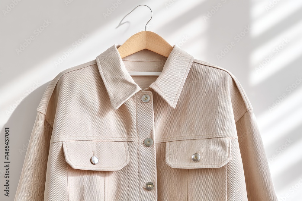 Jacket Hanging on a Clean Wall With Soft Lighting Highlighting Its Texture and Design