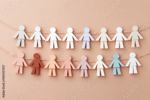Obraz na płótnie Colorful Paper Dolls Chain Displayed on a Neutral Background Creates a Vibrant and Playful Decoration for Various Occasions and Celebrations w salonie