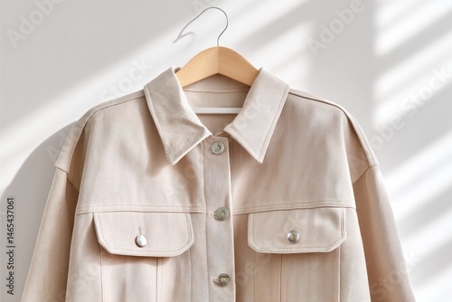 Obraz na płótnie Jacket Hanging on a Clean Wall With Soft Lighting Highlighting Its Texture and Design w salonie