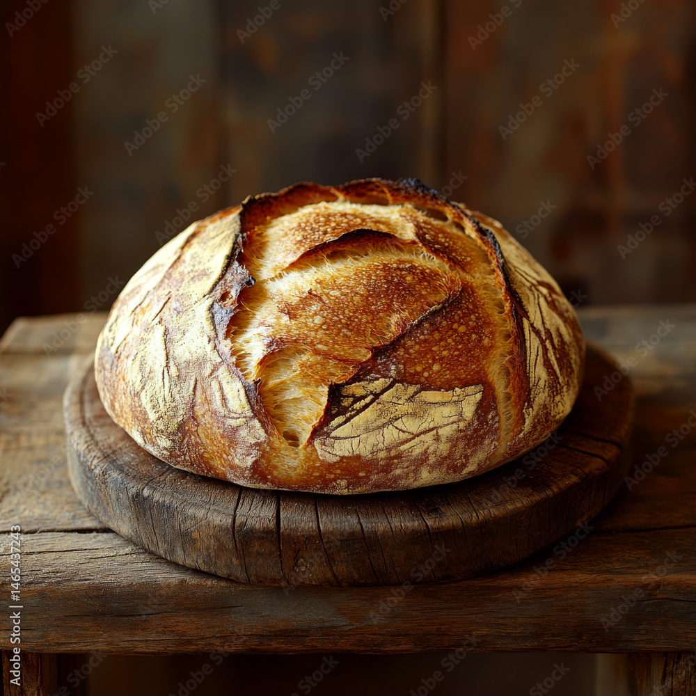 Bread sits on a wooden surface, appearing freshly baked. Concept of rustic homemade baking. For food photography.