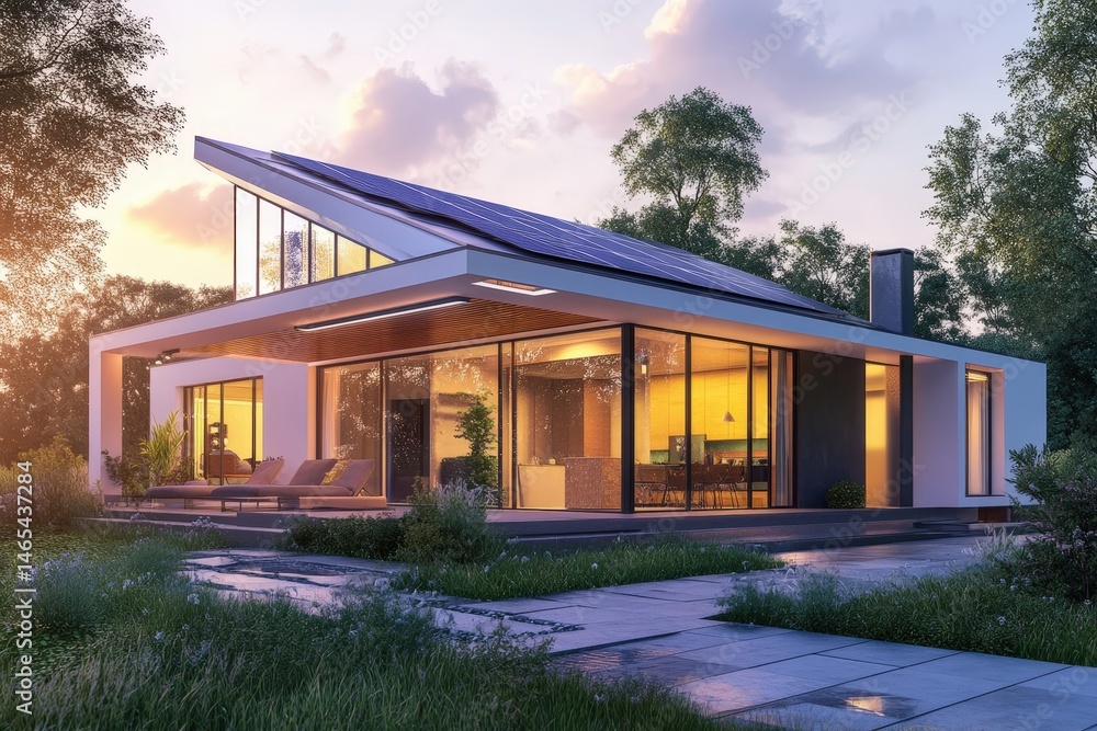 Fototapeta premium Modern house design with solar panels at sunset.