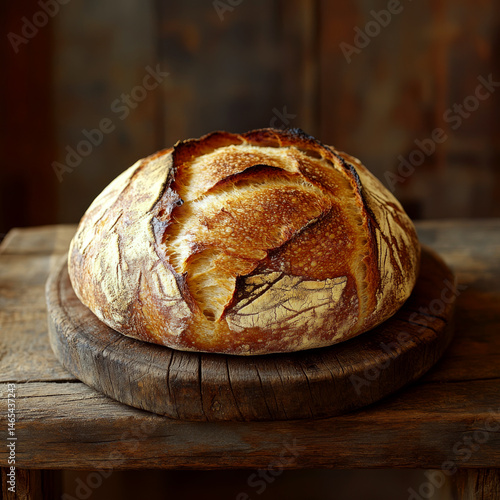 Obraz na płótnie Bread sits on a wooden surface, appearing freshly baked. Concept of rustic homemade baking. For food photography. w salonie