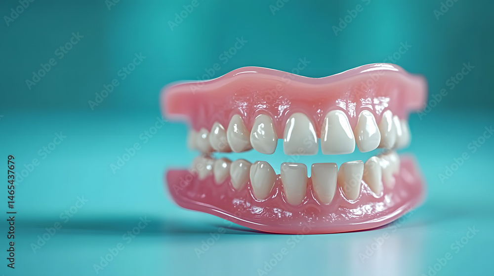 Obraz premium A close up of dentures with a plain blue background.