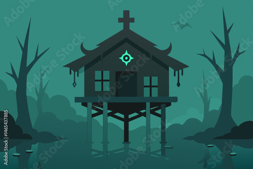 fog filled swamp shack on stilts with cursed runes.svg