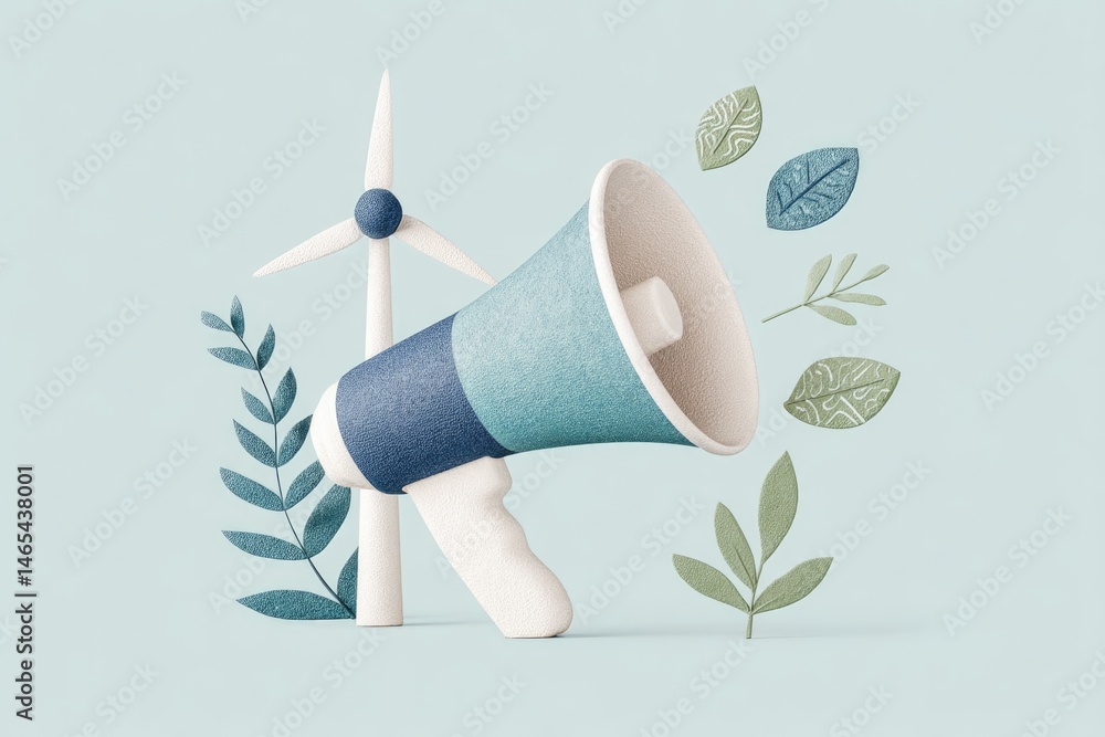 Stylized Megaphone With Wind Turbine Highlights Environmental Awareness and Sustainability Concepts