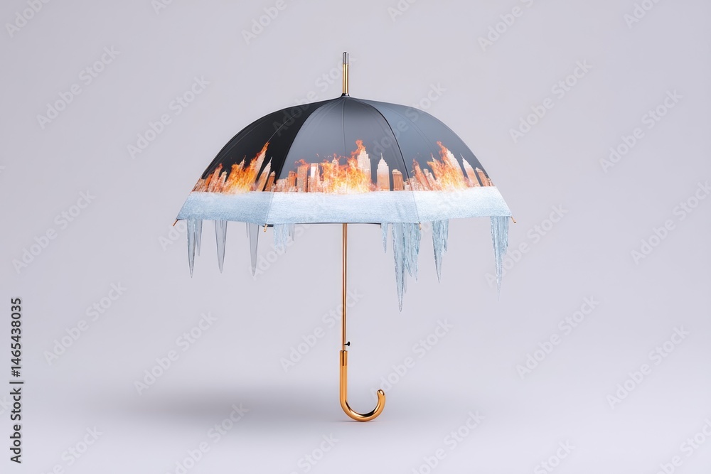 Stylized Umbrella Featuring Vibrant Fire Patterns and Icy Elements in a Contemporary Design