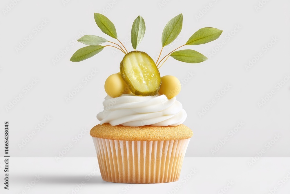 Sweetly Unique Pickled Dessert Vanilla Cupcake Topped With Creamy Frosting, Garnished With Pickle, and Adorned With Fresh Leaves, Perfect for Those Adventurous in Flavor and Presentation