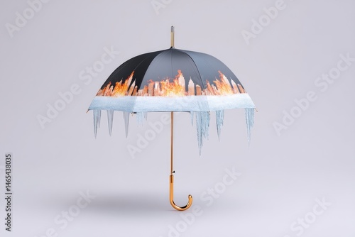 Obraz na płótnie Stylized Umbrella Featuring Vibrant Fire Patterns and Icy Elements in a Contemporary Design w salonie