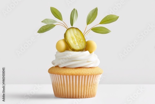 Obraz na płótnie Sweetly Unique Pickled Dessert Vanilla Cupcake Topped With Creamy Frosting, Garnished With Pickle, and Adorned With Fresh Leaves, Perfect for Those Adventurous in Flavor and Presentation w salonie
