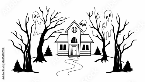 Illustration of a haunted house with ghosts and bare trees in a spooky black and white scene created with generated ai
