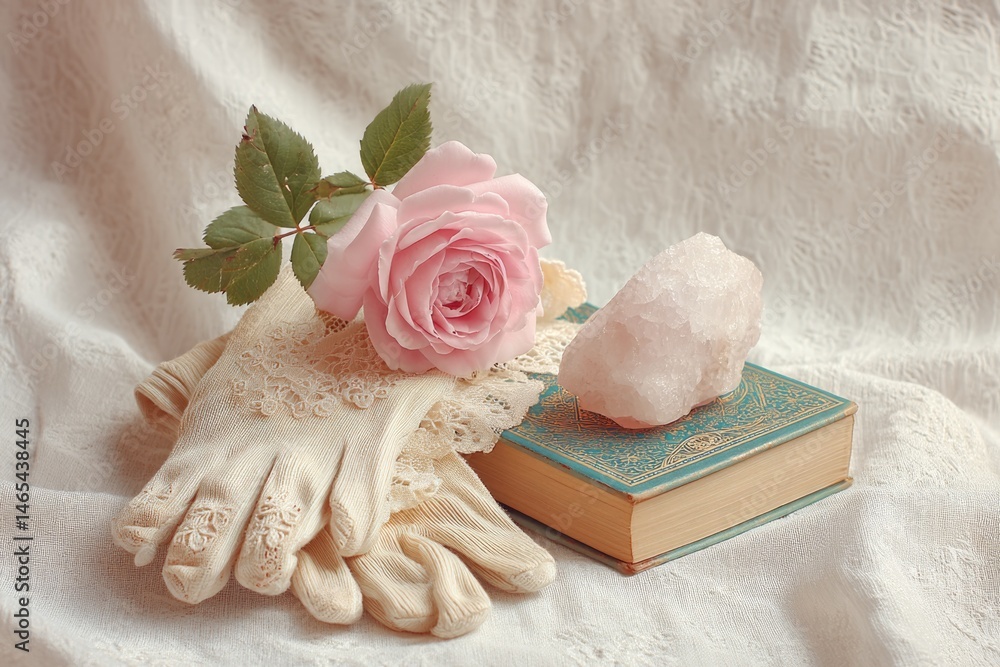 Vintage Lace Gloves Rest Beside a Delicate Pink Rose on an Old Book in a Softly Lit Setting