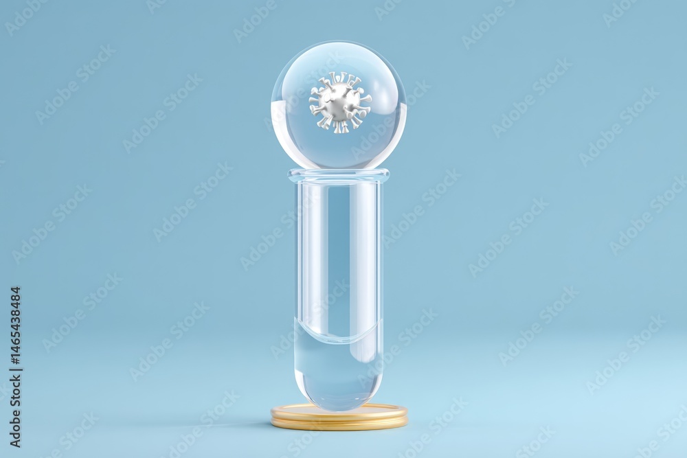 Virus-shaped Globe Suspended Above a Clear Test Tube on a Light Blue Background Representing Scientific Research