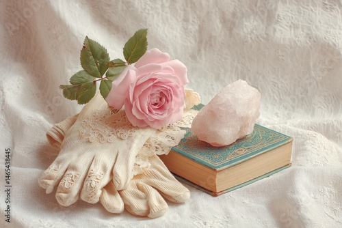 Obraz na płótnie Vintage Lace Gloves Rest Beside a Delicate Pink Rose on an Old Book in a Softly Lit Setting w salonie