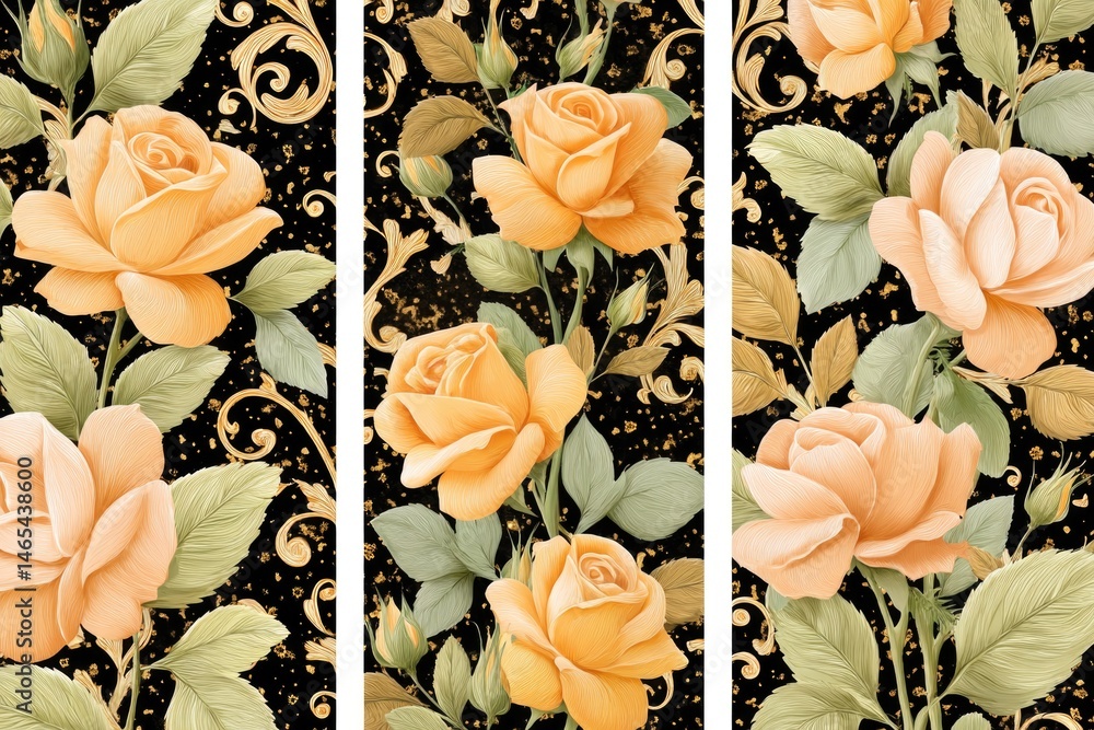 Whimsigothic Roses Against a Baroque Inspired Background in a Captivating Floral Design Adorns a Dark Canvas