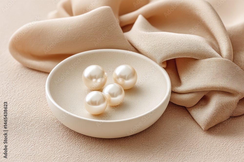 Elegant Display of Pearl Earrings on White Ceramic Tray With Soft Fabric Backdrop in a Tranquil Setting