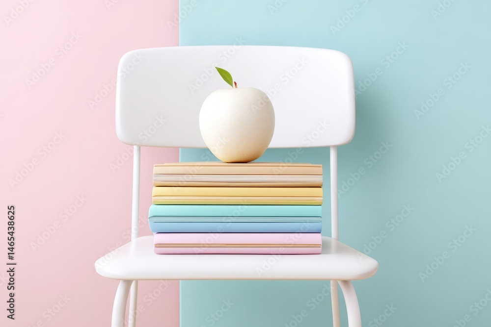 White Apple Rests on a Stack of Colorful Math Notebooks on a Chair Against a Pastel Backdrop