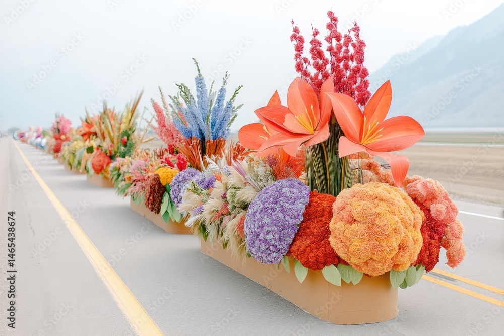 Colorful Parade Floats Showcasing Vibrant Floral Arrangements During the Spring Festival Parade in a Picturesque Valley