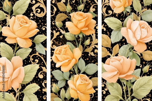 Obraz na płótnie Whimsigothic Roses Against a Baroque Inspired Background in a Captivating Floral Design Adorns a Dark Canvas w salonie